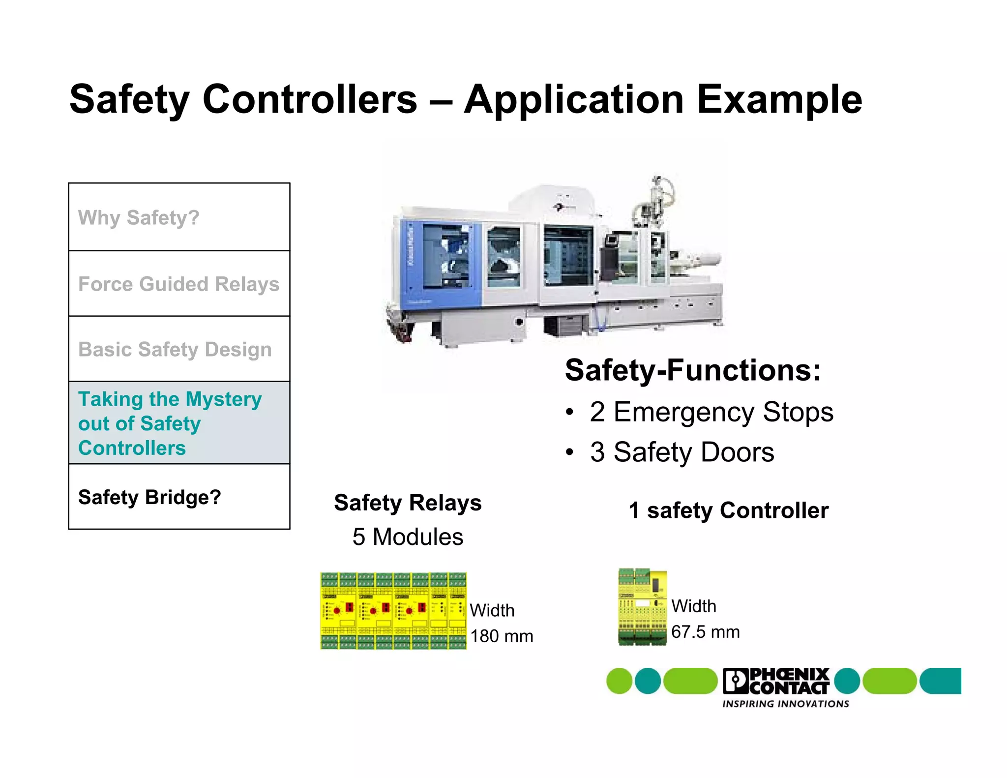 Safety Controllers – Application Example

Why Safety?


Force Guided Relays


Basic Safety Design
                                            Safety-Functions:
Taking the Mystery
out of Safety                               • 2 Emergency Stops
Controllers                                 • 3 Safety Doors
Safety Bridge?        Safety Relays             1 safety Controller
                       5 Modules

                                   Width            Width
                                   180 mm           67.5 mm
 