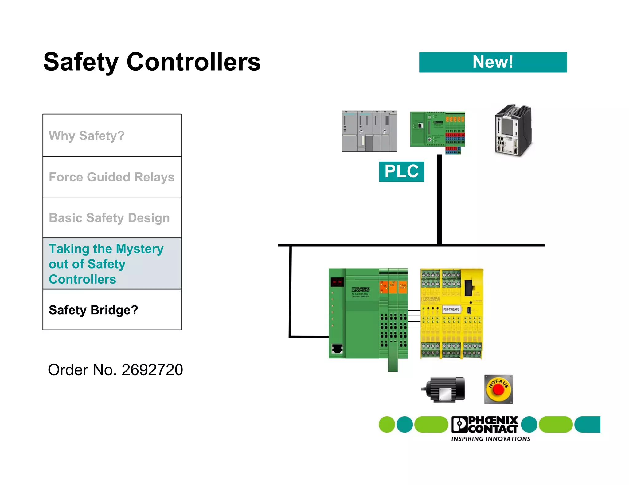 Safety Controllers          New!



Why Safety?


Force Guided Relays   PLC

Basic Safety Design

Taking the Mystery
out of Safety
Controllers

Safety Bridge?



Order No. 2692720
 