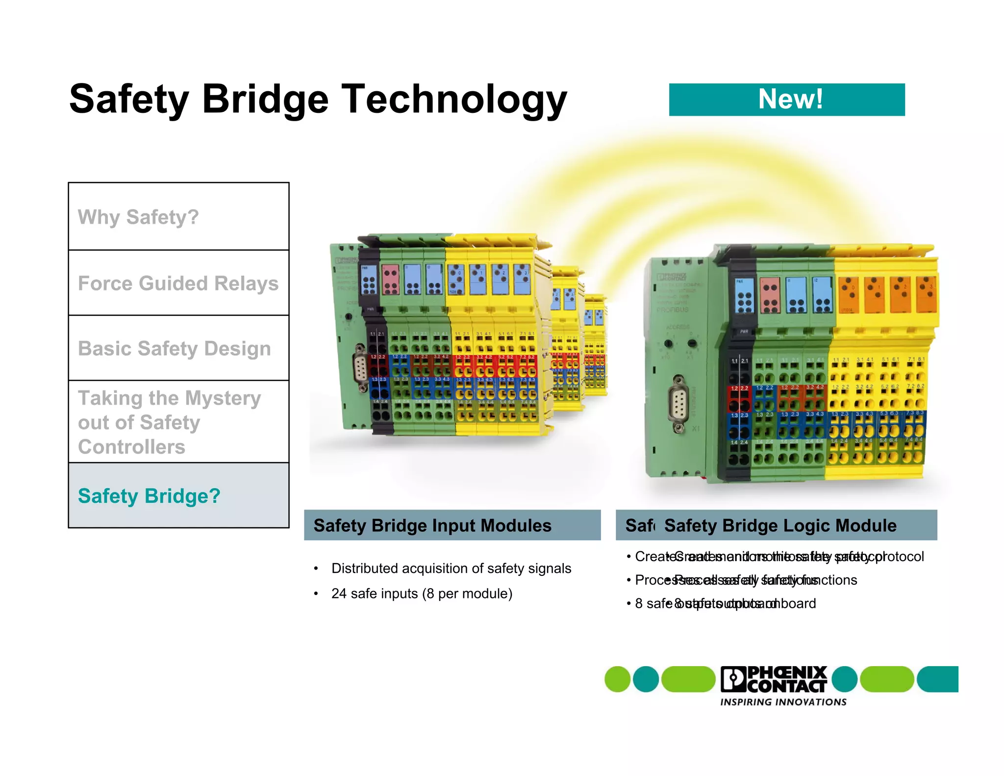 Safety Bridge Technology                                                                  New!



Why Safety?


Force Guided Relays


Basic Safety Design

Taking the Mystery
out of Safety
Controllers

Safety Bridge?
                      Safety Bridge Input Modules                   Safety Bridge Logic Module
                                                                        Safety Bridge Logic Module
                                                                    • Creates and monitors the safety safety protocol
                                                                          • Creates and monitors the protocol
                      • Distributed acquisition of safety signals
                                                                    • Processes all safety safety functions
                                                                          • Processes all functions
                      • 24 safe inputs (8 per module)
                                                                    • 8 safe 8 safe outputs onboard
                                                                           • outputs onboard
 