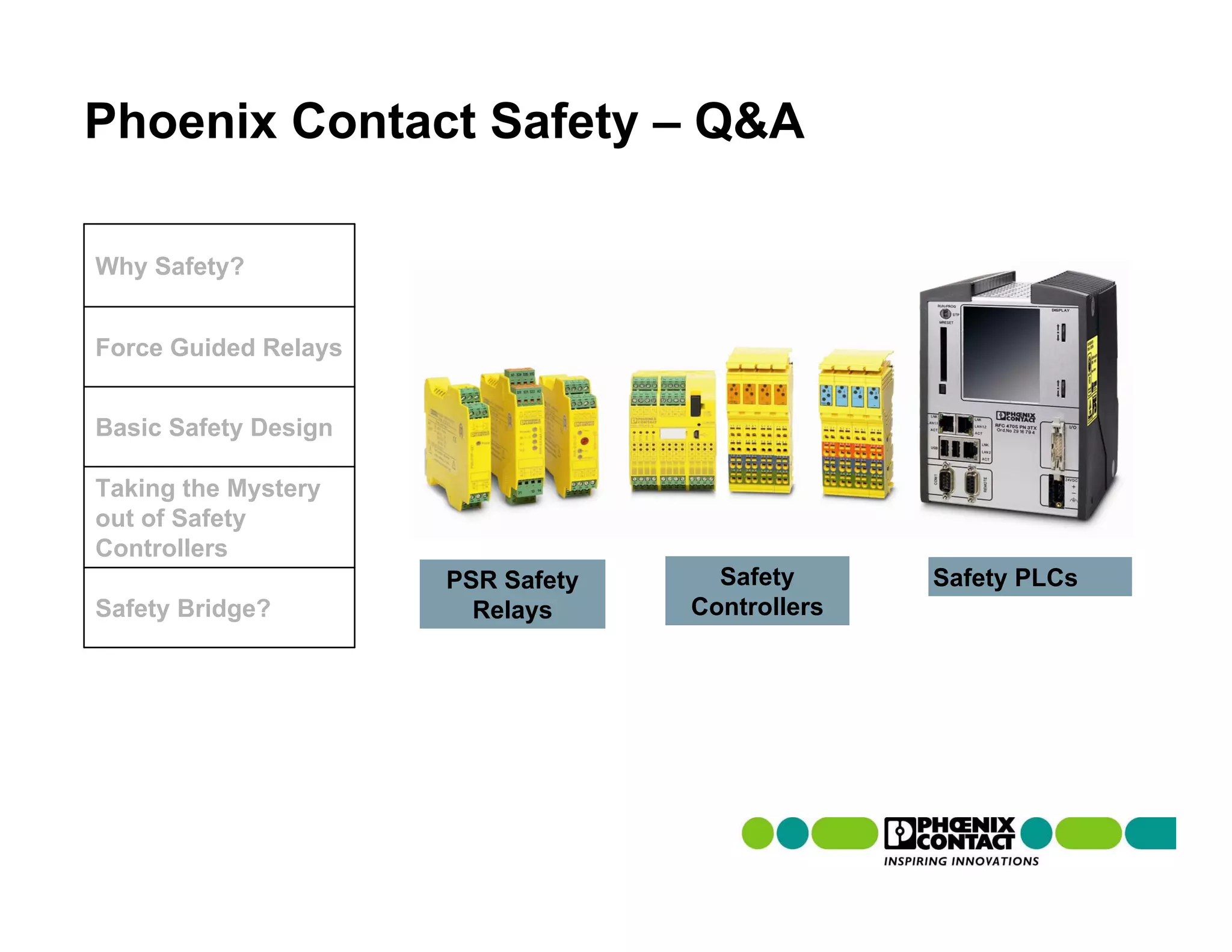 Phoenix Contact Safety – Q&A

Why Safety?


Force Guided Relays


Basic Safety Design

Taking the Mystery
out of Safety
Controllers
                      PSR Safety     Safety      Safety PLCs
Safety Bridge?          Relays     Controllers
 