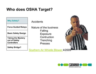 Who does OSHA Target?

Why Safety?
                        Accidents
Force Guided Relays     Nature of the business
                               Falling
Basic Safety Design            Exposure
Taking the Mystery             Contruction
out of Safety                  Trenching
Controllers
                               Presses
Safety Bridge?
                      Southern Air Whistle Blower 4/2009
 