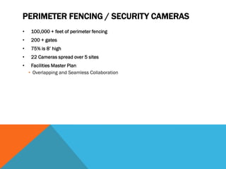 PERIMETER FENCING / SECURITY CAMERAS
•    100,000 + feet of perimeter fencing
•    200 + gates
•    75% is 8’ high
•    22 Cameras spread over 5 sites
•    Facilities Master Plan
    • Overlapping and Seamless Collaboration
 