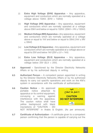 15
(i)	 Extra High Voltage (EHV) Apparatus – Any apparatus,
equipment and conductors which are normally operated at a
voltage above 132kV. (EHV > 132kV)
(ii)	 High Voltage (HV) Apparatus – Any apparatus, equipment
and conductors which are normally operated at a voltage
above 33kV and below or equal to 132kV. (33kV < HV ≤ 132kV)
(iii)	 Medium Voltage (MV) Apparatus – Any apparatus, equipment
and conductors which are normally operated at a voltage
above or equal to 1kV and below or equal to 33kV.(1kV ≤ MV
≤ 33kV)
(iv)	 Low Voltage (LV) Apparatus – Any apparatus, equipment and
conductors which are normally operated at a voltage above or
equal to 25V and below 1kV (25V ≤ LV < 1kV)
(v)	 Extra Low Voltage (ELV) Apparatus – Any apparatus,
equipment and conductors which are normally operated at a
voltage below 25V (ELV < 25V).
6.4	 Approved – Sanctioned by the Director Electricity Networks
Affairs or by his authorized deputy in writing.
6.5	 Authorized Person – A competent person appointed in writing
by the Director Electricity Networks Affairs or by his authorized
deputy to carry out specific operations and work on the KM’s
system in accordance with the certificate of authorization.
6.6	 Caution Notice – An approved
portable notice attached to
apparatus or its control equipment,
conveying a warning against
interference with the apparatus.
The caution notice shall have
yellow background with black
inscriptions of “CAUTION - DO
NOT INTERFERE” in Arabic & English. (As per annexure).
6.7	 Certificate of Authorization – A certificate given to a competent
person confirming that the person is capable of carrying out the
 