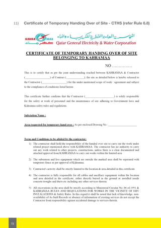 72
11)	 Certificate of Temporary Handing Over of Site - CTHS (refer Rule 6.8)
 