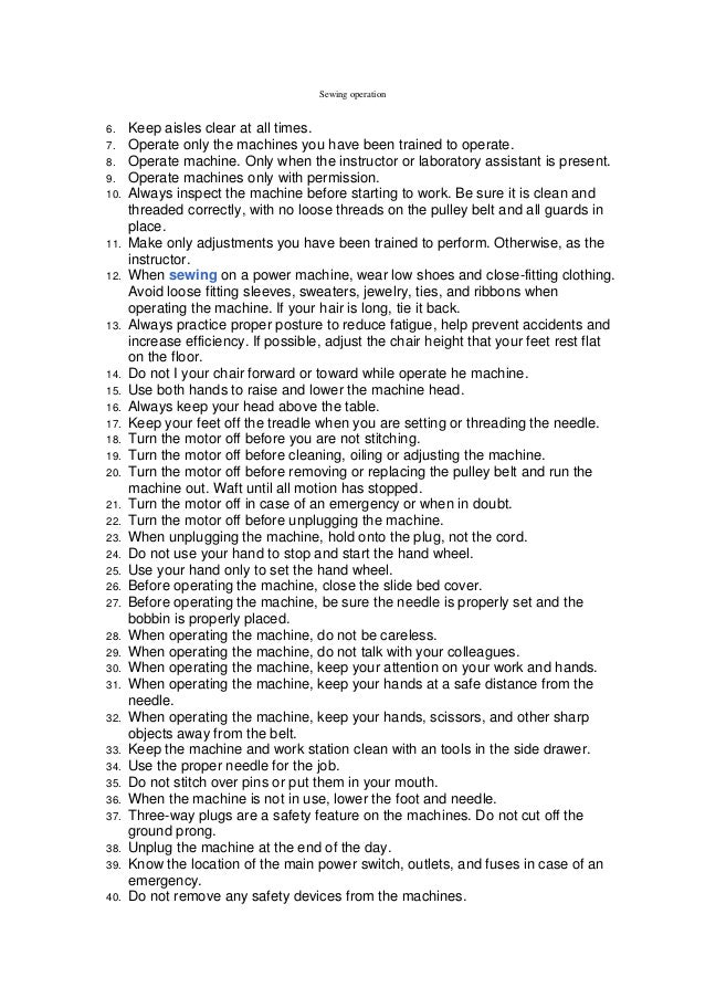 Safety rules for the apparel sewing machine operators