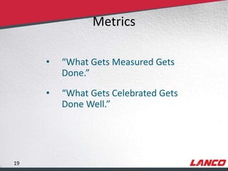 Metrics

                               •     “What Gets Measured Gets
                                     Done.”
                               •     “What Gets Celebrated Gets
                                     Done Well.”




        19
© LANCO Group, All Rights Reserved
 