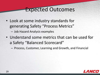 Expected Outcomes
        • Look at some industry standards for
          generating Safety “Process Metrics”
                – Job Hazard Analysis examples
        • Understand some metrics that can be used for
          a Safety “Balanced Scorecard”
                – Process, Customer, Learning and Growth, and Financial




        29
© LANCO Group, All Rights Reserved
 