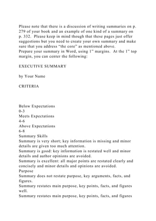 Please note that there is a discussion of writing summaries on p.
279 of your book and an example of one kind of a summary on
p. 332. Please keep in mind though that these pages just offer
suggestions but you need to create your own summary and make
sure that you address “the core” as mentioned above.
Prepare your summary in Word, using 1” margins. At the 1” top
margin, you can center the following:
EXECUTIVE SUMMARY
by Your Name
CRITERIA
Below Expectations
0-3
Meets Expectations
4-6
Above Expectations
6-8
Summary Skills
Summary is very short; key information is missing and minor
details are given too much attention.
Summary is good: key information is restated well and minor
details and author opinions are avoided.
Summary is excellent: all major points are restated clearly and
concisely and minor details and opinions are avoided.
Purpose
Summary does not restate purpose, key arguments, facts, and
figures.
Summary restates main purpose, key points, facts, and figures
well.
Summary restates main purpose, key points, facts, and figures
 