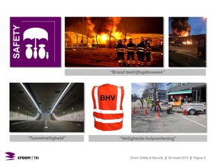 SAFETY
“Brand bedrijfsgebouwen’’
“Tunnelveiligheid’’ “Veiligheids-hulpverlening’’
Croon Safety & Security | 24 maart 2015 | Pagina 3
 
