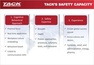 1. Cognitive 
Behavioral 
Approach 
 Practical focus 
 Real-time application 
 Workplace culture 
embedding 
 Behavioral based 
 Linked to 
communication skills 
TACK’S SAFETY CAPACITY 
2. Safety 
Expertise 
 Breadth 
 Depth 
 Proven approaches, 
processes, solutions, 
tools, and measures 
3. Experience 
 Proven global success 
record 
 Across cultures and 
sectors 
 Factories, retail, and 
administration, energy, 
pharma, 
 