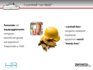 PersonalePersonale ed
equipaggiamentoequipaggiamento
vengono
identificati grazie
ad opportuni
Trasponder o TAG.
I controlli “on field”
I controlli fisicicontrolli fisici
vengono realizzati
mediante
opportuni varchivarchi
“Hands Free”“Hands Free”.
 