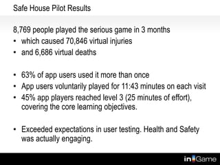 Safe House Pilot Results
8,769 people played the serious game in 3 months
• which caused 70,846 virtual injuries
• and 6,686 virtual deaths
• 63% of app users used it more than once
• App users voluntarily played for 11:43 minutes on each visit
• 45% app players reached level 3 (25 minutes of effort),
covering the core learning objectives.
• Exceeded expectations in user testing. Health and Safety
was actually engaging.
www.safehouse.co.nz
 