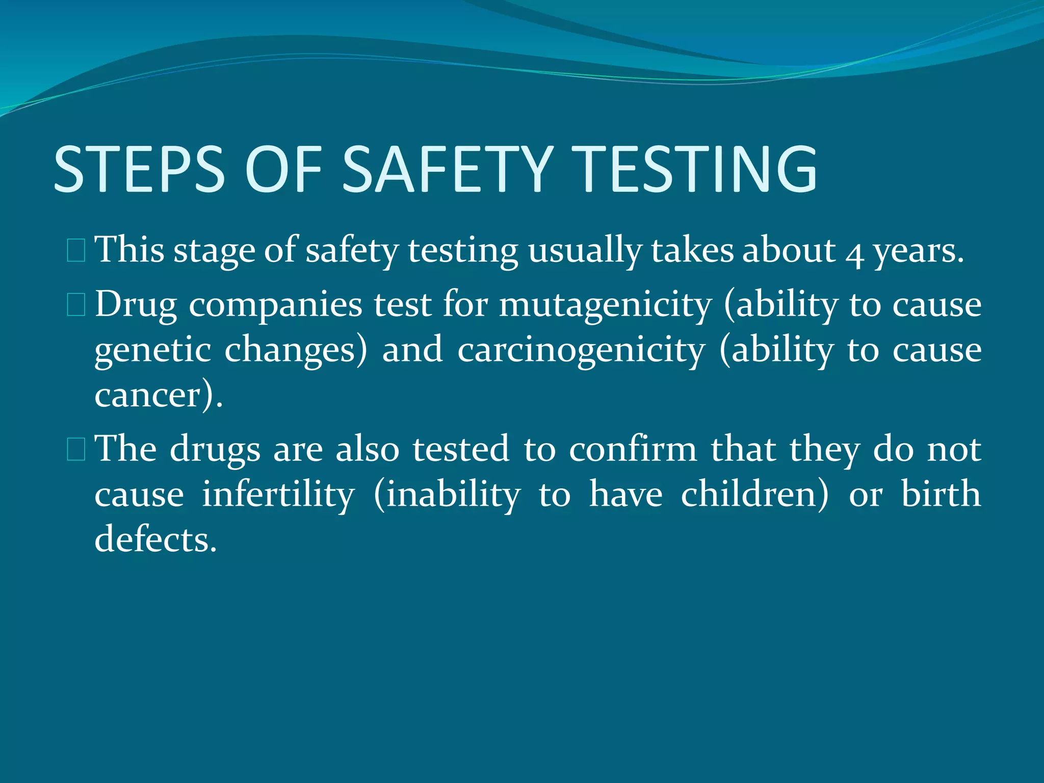 STEPS OF SAFETY TESTING 
This stage of safety testing usually takes about 4 years. 
Drug companies test for mutagenicity (ability to cause 
genetic changes) and carcinogenicity (ability to cause 
cancer). 
The drugs are also tested to confirm that they do not 
cause infertility (inability to have children) or birth 
defects. 
 