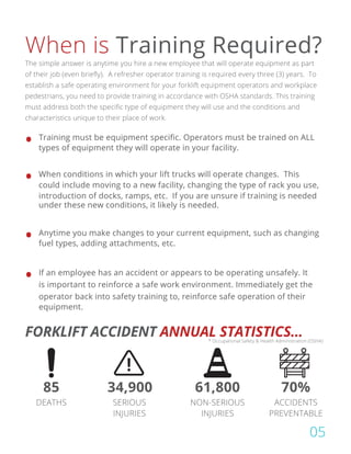 When is Training Required?
05
The simple answer is anytime you hire a new employee that will operate equipment as part
of their job (even briefly). A refresher operator training is required every three (3) years. To
establish a safe operating environment for your forklift equipment operators and workplace
pedestrians, you need to provide training in accordance with OSHA standards. This training
must address both the specific type of equipment they will use and the conditions and
characteristics unique to their place of work.
* Occupational Safety & Health Administration (OSHA)
•
•
•
•
Training must be equipment specific. Operators must be trained on ALL
types of equipment they will operate in your facility.
When conditions in which your lift trucks will operate changes. This
could include moving to a new facility, changing the type of rack you use,
introduction of docks, ramps, etc. If you are unsure if training is needed
under these new conditions, it likely is needed.
Anytime you make changes to your current equipment, such as changing
fuel types, adding attachments, etc.
If an employee has an accident or appears to be operating unsafely. It
is important to reinforce a safe work environment. Immediately get the
operator back into safety training to, reinforce safe operation of their
equipment.
FORKLIFT ACCIDENT ANNUAL STATISTICS...
NON-SERIOUS
INJURIES
61,800
DEATHS
85
SERIOUS
INJURIES
34,900
ACCIDENTS
PREVENTABLE
70%
 