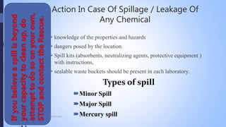 Action In Case Of Spillage / Leakage Of
Any Chemical
 knowledge of the properties and hazards
 dangers posed by the location.
 Spill kits (absorbents, neutralizing agents, protective equipment )
with instructions,
 sealable waste buckets should be present in each laboratory.
Types of spill
Minor Spill
Major Spill
Mercury spillMohsin Raza
 