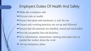 Employers Duties Of Health And Safety
Make the workplace safe
Prevent risks to health
Ensure that plant and machinery is safe for use
Ensure safe working practices are set up and followed
Ensure that all materials are handled, stored and used safely
Provide acceptable first aid facilities
Give information, instructions, training and supervisor as
needed the worker about the work
 Set up emergency plans
Mohsin Raza
 