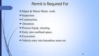 41
Permit Is Required For
Major & Minor Maint. work.
Inspection.
Construction.
Alteration.
Process Equip. cleaning
Entry into confined space.
Excavation
Vehicle entry into hazardous areas etc.
Mohsin Raza
 
