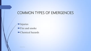 COMMON TYPES OF EMERGENCIES
Injuries
Fire and smoke
Chemical hazards
Mohsin Raza
 