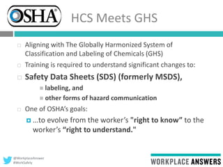 @WorkplaceAnswer
#WorkSafely
HCS Meets GHS
 Aligning with The Globally Harmonized System of
Classification and Labeling of Chemicals (GHS)
 Training is required to understand significant changes to:
 Safety Data Sheets (SDS) (formerly MSDS),
 labeling, and
 other forms of hazard communication
 One of OSHA’s goals:
 …to evolve from the worker’s "right to know” to the
worker’s “right to understand."
 