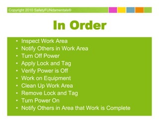 Copyright 2010 SafetyFUNdamentals®



                       In Order
   •   Inspect Work Area
   •   Notify Others in Work Area
   •   Turn Off Power
   •   Apply Lock and Tag
   •   Verify Power is Off
   •   Work on Equipment
   •   Clean Up Work Area
   •   Remove Lock and Tag
   •   Turn Power On
   •   Notify Others in Area that Work is Complete
 