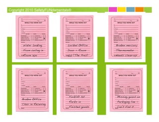 Copyright 2010 SafetyFUNdamentals®




                         x                       x                   x

       Water Leaking            Locked Office        Broken mercury
       From ceiling in          Door - Room          Thermometer
       Room 304                 100 (The Pres)       Needs clean-up




                         x                       x                    x

                                Forklift hit         Missing guard on
       Broken Office
                                Racks in             Packaging line -
       Chair in Receiving
                                Finished goods       Can’t find it
 