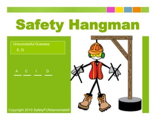 Safety Hangman
  Unsuccessful Guesses:
    E, G




   A       C   I    D




Copyright 2010 SafetyFUNdamentals®
 