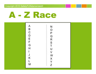 Copyright 2010 SafetyFUNdamentals®




   A - Z Race
                    A                N
                    B                O
                    C                P
                    D                Q
                    E                R
                    F                S
                    G                T
                    H                U
                    I                V
                    J                W
                    K                X
                    L                Y
                    M                Z
 