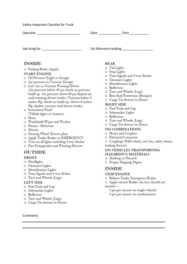 Safety Inspection Checklist for Truck