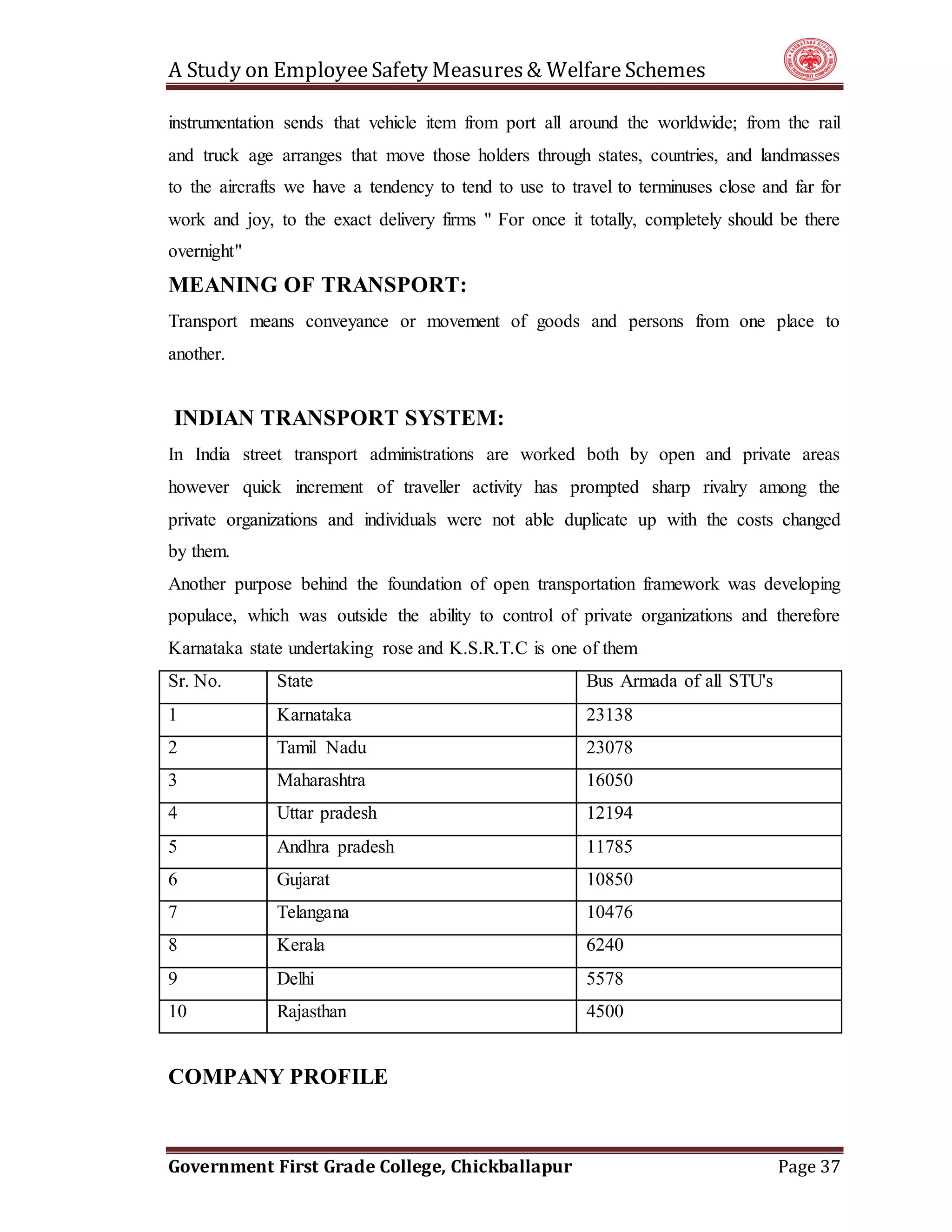 A Study on EmployeeSafety Measures& Welfare Schemes
Government First Grade College, Chickballapur Page 37
instrumentation sends that vehicle item from port all around the worldwide; from the rail
and truck age arranges that move those holders through states, countries, and landmasses
to the aircrafts we have a tendency to tend to use to travel to terminuses close and far for
work and joy, to the exact delivery firms " For once it totally, completely should be there
overnight"
MEANING OF TRANSPORT:
Transport means conveyance or movement of goods and persons from one place to
another.
INDIAN TRANSPORT SYSTEM:
In India street transport administrations are worked both by open and private areas
however quick increment of traveller activity has prompted sharp rivalry among the
private organizations and individuals were not able duplicate up with the costs changed
by them.
Another purpose behind the foundation of open transportation framework was developing
populace, which was outside the ability to control of private organizations and therefore
Karnataka state undertaking rose and K.S.R.T.C is one of them
Sr. No. State Bus Armada of all STU's
1 Karnataka 23138
2 Tamil Nadu 23078
3 Maharashtra 16050
4 Uttar pradesh 12194
5 Andhra pradesh 11785
6 Gujarat 10850
7 Telangana 10476
8 Kerala 6240
9 Delhi 5578
10 Rajasthan 4500
COMPANY PROFILE
 
