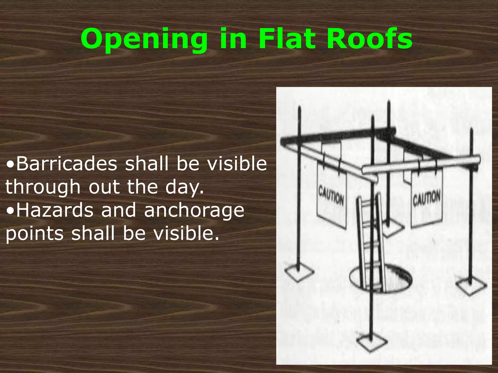 Opening in Flat Roofs
•Barricades shall be visible
through out the day.
•Hazards and anchorage
points shall be visible.
 