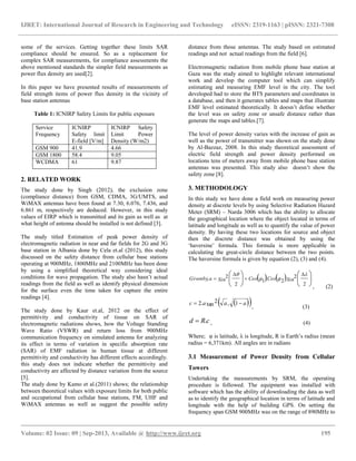 IJRET: International Journal of Research in Engineering and Technology eISSN: 2319-1163 | pISSN: 2321-7308
__________________________________________________________________________________________
Volume: 02 Issue: 09 | Sep-2013, Available @ http://www.ijret.org 195
some of the services. Getting together these limits SAR
compliance should be ensured. So as a replacement for
complex SAR measurements, for compliance assessments the
above mentioned standards the simpler field measurements as
power flux density are used[2].
In this paper we have presented results of measurements of
field strength items of power flux density in the vicinity of
base station antennas
Table 1: ICNIRP Safety Limits for public exposure
Service
Frequency
ICNIRP
Safety limit
E-field [V/m]
ICNIRP Safety
Limit Power
Density (W/m2)
GSM 900 41.9 4.66
GSM 1800 58.4 9.05
WCDMA 61 9.87
2. RELATED WORK
The study done by Singh (2012), the exclusion zone
(compliance distance) from GSM, CDMA, 3G/UMTS, and
WiMAX antennas have been found at 7.30, 6.076, 7.436, and
6.861 m, respectively are deduced. However, in this study
values of EIRP which is transmitted and its gain as well as at
what height of antenna should be installed is not defined [3].
The study titled Estimation of peak power density of
electromagnetic radiation in near and far fields for 2G and 3G
base station in Albania done by Cela et.al (2012), this study
discussed on the safety distance from cellular base stations
operating at 900MHz, 1800MHz and 2100MHz has been done
by using a simplified theoretical way considering ideal
conditions for wave propagation. The study also hasn’t actual
readings from the field as well as identify physical dimension
for the surface even the time taken for capture the entire
readings [4].
The study done by Kaur et.al, 2012 on the effect of
permittivity and conductivity of tissue on SAR of
electromagnetic radiations shows, how the Voltage Standing
Wave Ratio (VSWR) and return loss from 900MHz
communication frequency on simulated antenna for analyzing
its effect in terms of variation in specific absorption rate
(SAR) of EMF radiation in human tissue at different
permittivity and conductivity has different effects accordingly.
this study does not indicate whether the permittivity and
conductivity are affected by distance variation from the source
[5].
The study done by Kamo et al.(2011) shows; the relationship
between theoretical values with exposure limits for both public
and occupational from cellular base stations, FM, UHF and
WiMAX antennas as well as suggest the possible safety
distance from those antennas. The study based on estimated
readings and not actual readings from the field [6].
Electromagnetic radiation from mobile phone base station at
Gaza was the study aimed to highlight relevant international
work and develop the computer tool which can simplify
estimating and measuring EMF level in the city. The tool
developed had to store the BTS parameters and coordinates in
a database, and then it generates tables and maps that illustrate
EMF level estimated theoretically. It doesn’t define whether
the level was on safety zone or unsafe distance rather than
generate the maps and tables.[7].
The level of power density varies with the increase of gain as
well as the power of transmitter was shown on the study done
by Al-Bazzaz, 2008. In this study theoretical assessment of
electric field strength and power density performed on
locations tens of meters away from mobile phone base station
antennas was presented. This study also doesn’t show the
safety zone [8].
3. METHODOLOGY
In this study we have done a field work on measuring power
density at discrete levels by using Selective Radiation Hazard
Meter (SRM) – Narda 3006 which has the ability to allocate
the geographical location where the object located in terms of
latitude and longitude as well as to quantify the value of power
density. By having these two locations for source and object
then the discrete distance was obtained by using the
‘haversine’ formula. This formula is more applicable in
calculating the great-circle distance between the two points.
The haversine formula is given by equation (2), (3) and (4).
    










 



2
2
2.1
2
2;



SinCosCosSinaGivenby
, (2)
  aaac  1,tan
2.2
, (3)
cRd . , (4)
Where; φ is latitude, λ is longitude, R is Earth’s radius (mean
radius = 6,371km). All angles are in radians
3.1 Measurement of Power Density from Cellular
Towers
Undertaking the measurements by SRM, the operating
procedure is followed. The equipment was installed with
software which has the ability of downloading the data as well
as to identify the geographical location in terms of latitude and
longitude with the help of building GPS. On setting the
frequency span GSM 900MHz was on the range of 890MHz to
 