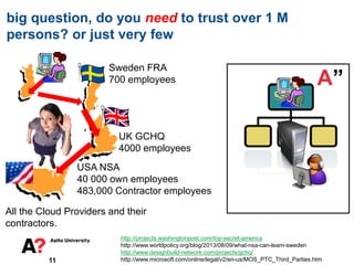 11
big question, do you need to trust over 1 M
persons? or just very few
http://projects.washingtonpost.com/top-secret-america
http://www.worldpolicy.org/blog/2013/08/09/what-nsa-can-learn-sweden
http://www.designbuild-network.com/projects/gchq/
http://www.microsoft.com/online/legal/v2/en-us/MOS_PTC_Third_Parties.htm
A”
Sweden FRA
700 employees
UK GCHQ
4000 employees
USA NSA
40 000 own employees
483,000 Contractor employees
All the Cloud Providers and their
contractors.
 