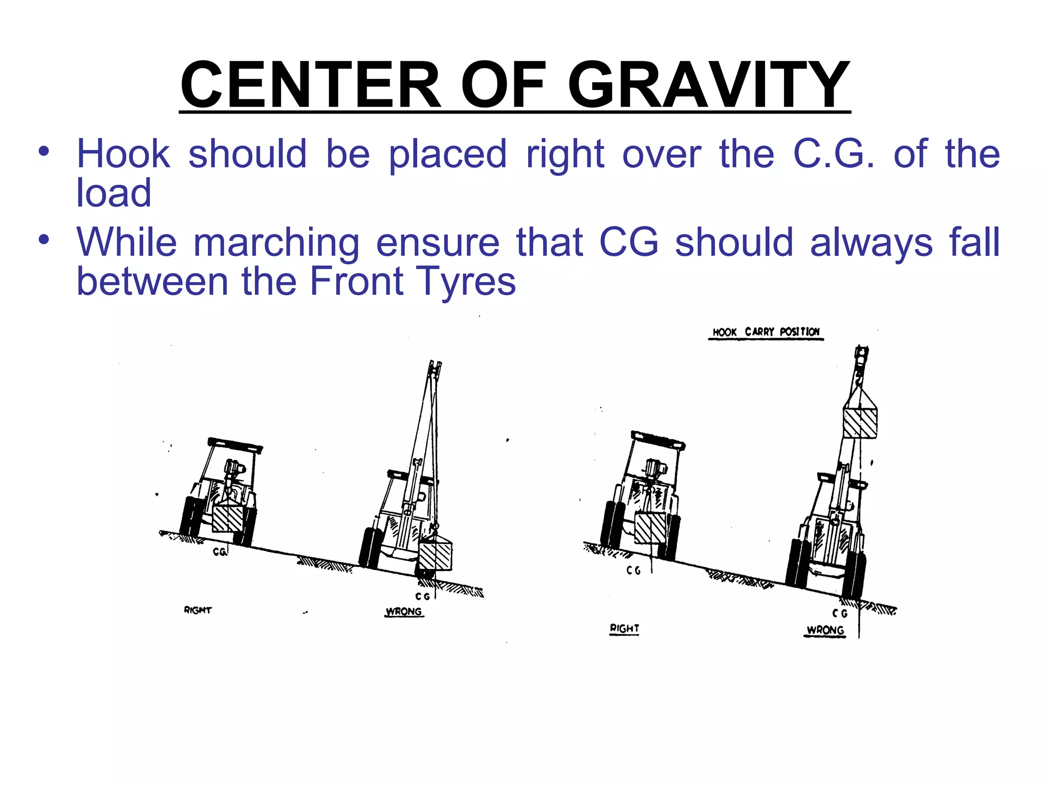 CENTER OF GRAVITY
• Hook should be placed right over the C.G. of the
load
• While marching ensure that CG should always fall
between the Front Tyres
 