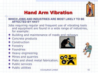 Hand Arm Vibration WHICH JOBS AND INDUSTRIES ARE MOST LIKELY TO BE AFFECTED BY HAV? Jobs requiring regular and frequent use of vibrating tools and equipment are found in a wide range of industries, for example: Building and maintenance of roads and railways Concrete products Construction Forestry Foundries Heavy engineering Mines and quarries Plate and sheet metal fabrication; Public services  Public utilities   ©Consultnet Limited 