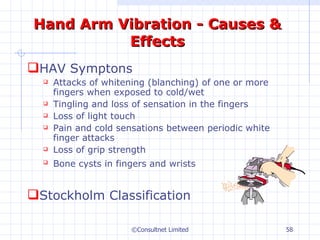 Hand Arm Vibration - Causes & Effects HAV Symptons Attacks of whitening (blanching) of one or more fingers when exposed to cold/wet  Tingling and loss of sensation in the fingers  Loss of light touch  Pain and cold sensations between periodic white finger attacks  Loss of grip strength  Bone cysts in fingers and wrists   Stockholm Classification ©Consultnet Limited 