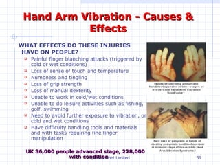 Hand Arm Vibration - Causes & Effects )   WHAT EFFECTS DO THESE INJURIES HAVE ON PEOPLE? Painful finger blanching attacks (triggered by cold or wet conditions) Loss of sense of touch and temperature Numbness and tingling Loss of grip strength Loss of manual dexterity Unable to work in cold/wet conditions Unable to do leisure activities such as fishing, golf, swimming  Need to avoid further exposure to vibration, or cold and wet conditions Have difficulty handling tools and materials and with tasks requiring fine finger manipulation UK 36,000 people advanced stage, 228,000 with condition ©Consultnet Limited 