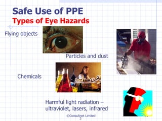 Safe Use of PPE Types of Eye Hazards ©Consultnet Limited Flying objects Particles and dust Harmful light radiation – ultraviolet, lasers, infrared Chemicals 3 