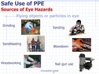 Safe Use of PPE Sources of Eye Hazards Flying objects or particles in eye   ©Consultnet Limited Grinding  Sanding Nail gun use Sandblasting Woodworking Blowdown 4 