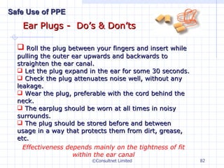 Ear Plugs -  Do’s & Don’ts ©Consultnet Limited Roll the plug between your fingers and insert while pulling the outer ear upwards and backwards to straighten the ear canal. Let the plug expand in the ear for some 30 seconds. Check the plug attenuates noise well, without any leakage. Wear the plug, preferable with the cord behind the neck. The earplug should be worn at all times in noisy surrounds. The plug should be stored before and between usage in a way that protects them from dirt, grease, etc. Effectiveness depends mainly on the tightness of fit within the ear canal Safe Use of PPE 