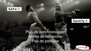 Plus de synchronisation
Moins de hierarchie
Pas de politique
Spotify:1
SAFe:1
 