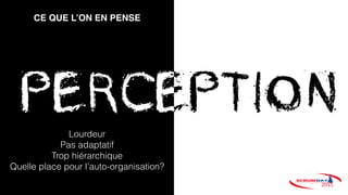 Lourdeur
Pas adaptatif
Trop hiérarchique
Quelle place pour l’auto-organisation?
CE QUE L’ON EN PENSE
 