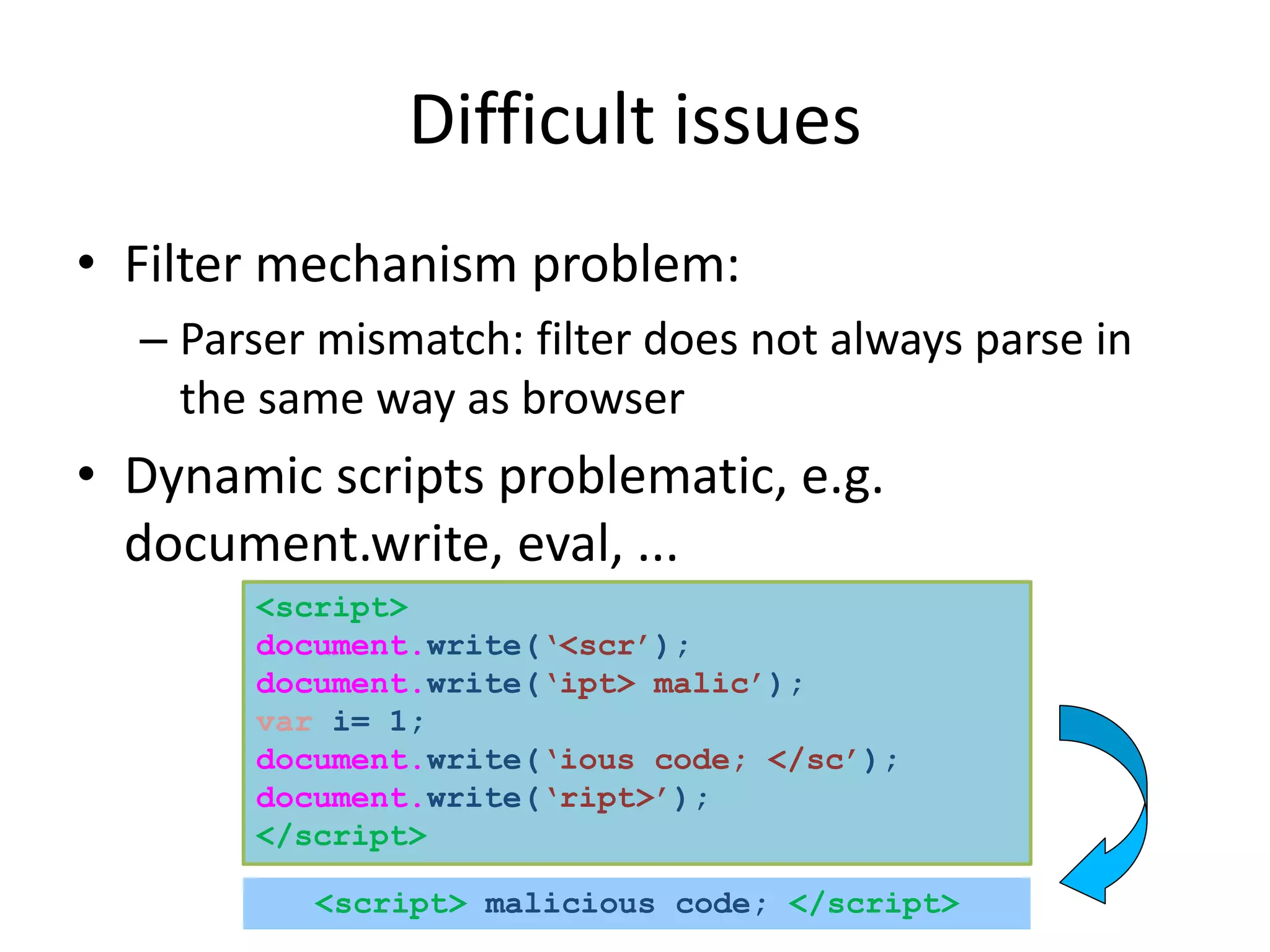 Difficult issues 
• Filter mechanism problem: 
– Parser mismatch: filter does not always parse in 
the same way as browser 
• Dynamic scripts problematic, e.g. 
document.write, eval, ... 
<script> 
document.write(‘<scr’); 
document.write(‘ipt> malic’); 
var i= 1; 
document.write(‘ious code; </sc’); 
document.write(‘ript>’); 
</script> 
<script> malicious code; </script> 
 