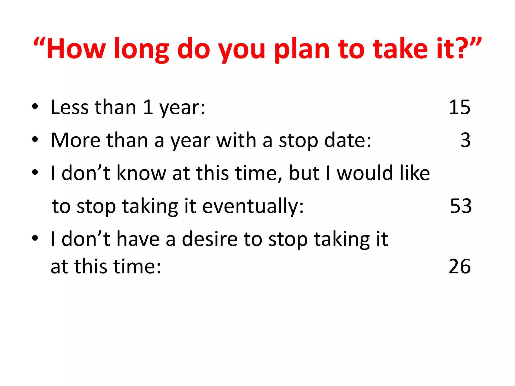 “How long do you plan to take it?”
• Less than 1 year:
15
• More than a year with a stop date:
3
• I don’t know at this time, but I would like
to stop taking it eventually:
53
• I don’t have a desire to stop taking it
at this time:
26

 
