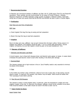 7. Recommended Varieties
In Pakistan, the commercial varieties of safflower are Gilla, US-10, S-208 (spiny) Thori-78 and Pawari-95
(spineless). These varieties are also recommended for dry areas of Frontier Provence. Oilseeds
Research Programme of PARC evaluated a large number of varieties in National Uniform Yield Trials
during last 3-4 years and results show that the BI-9740 and BI-4059 are best in yield in Potohar Region.
8. Fertilization
Area Dose per acre Time of Application
DAP Urea
a. Canal irrigated One bag One bag at sowing and bed preparation
b. Barani One bag One bag at seed bed preparation
9. Irrigation
Due to its deep root zone, safflower crop can get moisture from the lower surface. During season 2-3
irrigation are sufficient. First irrigation should be given 1-1/2 to 2 months after germination; second
irrigation at flowering time and last irrigation should be given at the seed development time.
10. Diseases of Safflower
1. Alternaria and Remularia Leaf Blight
In humid season, due to these both diseases brown and blackish spots appear on leaves. In swear attack
of disease the spots become closer to each other resulting in the whole plant damage.
i). Bacterial Blight
This disease spreads due to high moisture in the air. Use of healthy seeds is very essential to minimize
the attack of the disease.
ii). Rust
In the middle and northern areas of Pakistan, attack of rust is low in early days. In late sowing crop the
attack is swear. To overcome this disease, crop rotation may be helpful. Seed should be treated with
Thrim @ 3g/kg of seed before planting.
iii). Root Rot and Wilt Diseases
This disease is swear in canal irrigated areas. In particular, when the temperature is highly and more
irrigation is given to the crop. To overcome this disease, safflower should not be cultivated at one place.
Field should be leveled so that water should not stand in the field to avoid root rot.
11. Insect Control by Spray
Insect Control Area
 