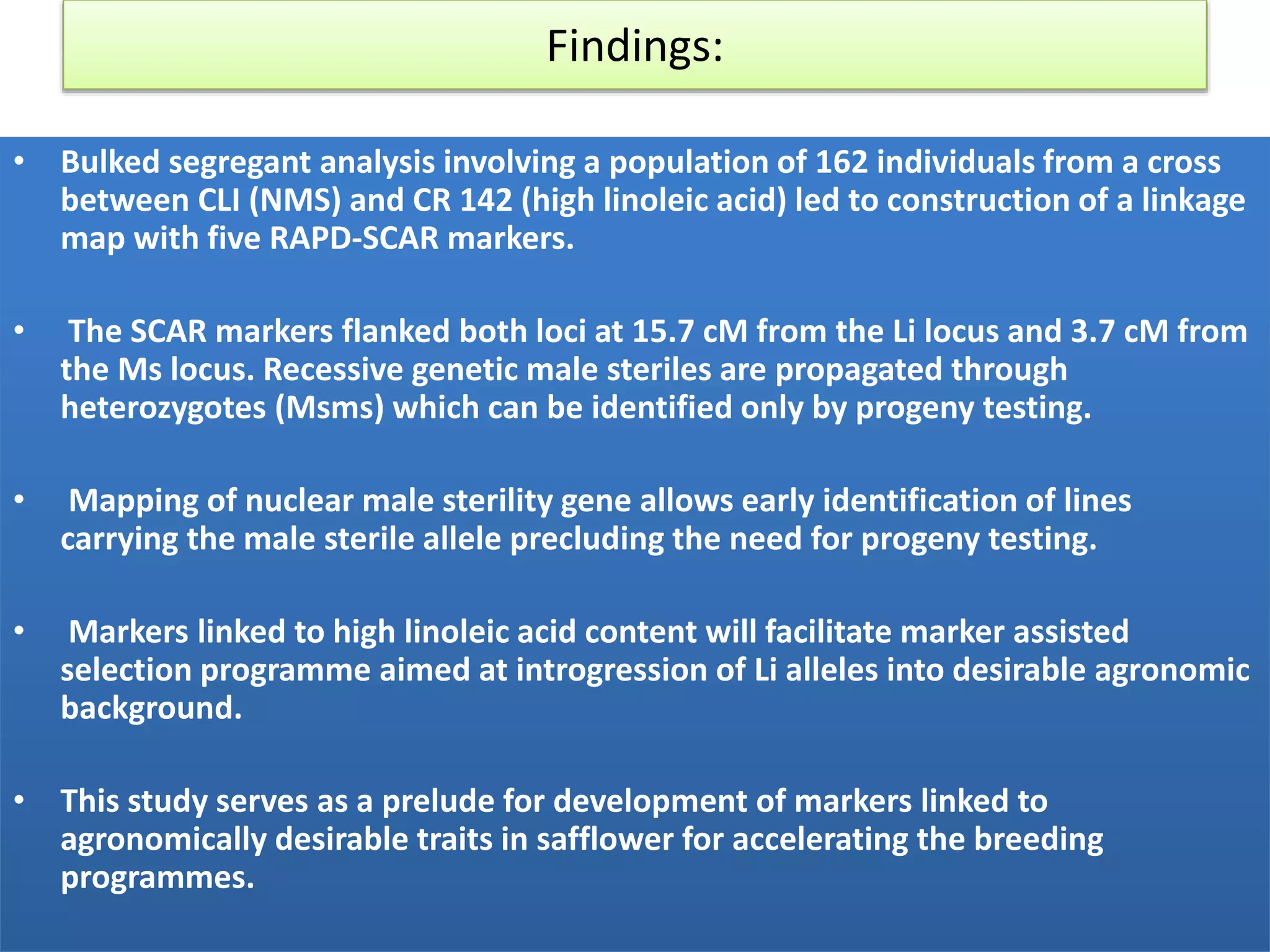 Findings:
• Bulked segregant analysis involving a population of 162 individuals from a cross
between CLI (NMS) and CR 142 (high linoleic acid) led to construction of a linkage
map with five RAPD-SCAR markers.
• The SCAR markers flanked both loci at 15.7 cM from the Li locus and 3.7 cM from
the Ms locus. Recessive genetic male steriles are propagated through
heterozygotes (Msms) which can be identified only by progeny testing.
• Mapping of nuclear male sterility gene allows early identification of lines
carrying the male sterile allele precluding the need for progeny testing.
• Markers linked to high linoleic acid content will facilitate marker assisted
selection programme aimed at introgression of Li alleles into desirable agronomic
background.
• This study serves as a prelude for development of markers linked to
agronomically desirable traits in safflower for accelerating the breeding
programmes.
 