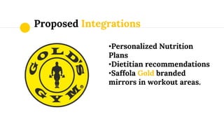 Proposed Integrations
•Personalized Nutrition
Plans
•Dietitian recommendations
•Saffola Gold branded
mirrors in workout areas.
 