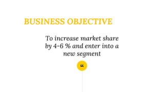 “
BUSINESS OBJECTIVE
To increase market share
by 4-6 % and enter into a
new segment
 