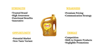 STRENGTH
•Trusted Brand
•High Awareness
•Functional Benefits
•Innovative
WEAKNESS
•Premium Pricing
•Communication Strategy
OPPURTUNITY
•Potential Market
•New Taste Variant
THREAT
•Competition
•Shift to Organic Products
•Negligible Promotions
 