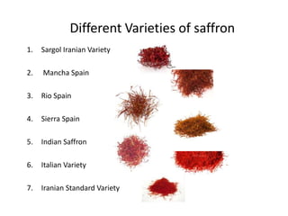 Different Varieties of saffron
1. Sargol Iranian Variety
2. Mancha Spain
3. Rio Spain
4. Sierra Spain
5. Indian Saffron
6. Italian Variety
7. Iranian Standard Variety
 
