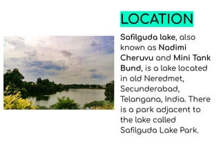 LOCATION
Saﬁlguda lake, also
known as Nadimi
Cheruvu and Mini Tank
Bund, is a lake located
in old Neredmet,
Secunderabad,
Telangana, India. There
is a park adjacent to
the lake called
Saﬁlguda Lake Park.
 